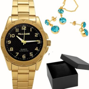 Imagem de Relógio Feminino Banhado Ouro Luxo Moda Original + Colar + Brincos - A