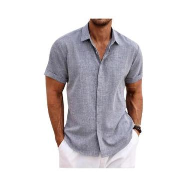 Imagem de Camisa Casual Masculina De Linho E Algodão Em Cor Sólida Com Manga Cur