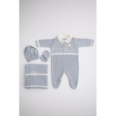 Imagem de Kit macacão e manta tricot bebe luan azul mini lord, P, Azul