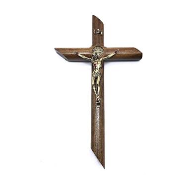 Imagem de Crucifixo De Parede Madeira Cilíndrico Medalha de São Bento OV 25 Cm