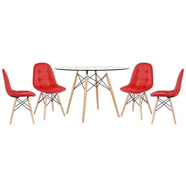 Imagem de Loft7, Mesa Eames com tampo de vidro 120 cm + 4 cadeiras estofadas Eiffel Botonê Vermelho