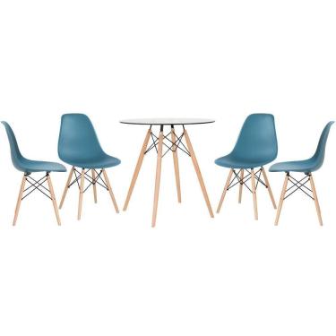 Imagem de Mesa Redonda Eames Com Tampo De Vidro 70 Cm + 4 Cadeiras Eiffel Dsw Turquesa