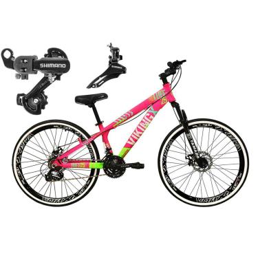 Imagem de Bicicleta Aro 26 Vikingx Tuff  21v Alumínio Câmbio Shimano Freio a Disco Aros Vmaxx Preto - Rosa/Verde