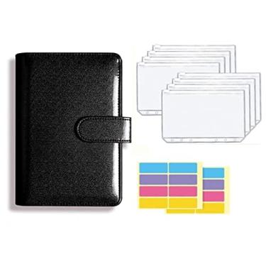 Imagem de A5 A6 Pasta de couro PU sistema de carteira de envelope de dinheiro com envelope de orçamento bolso de pasta para orçamento, preto brilhante, A6