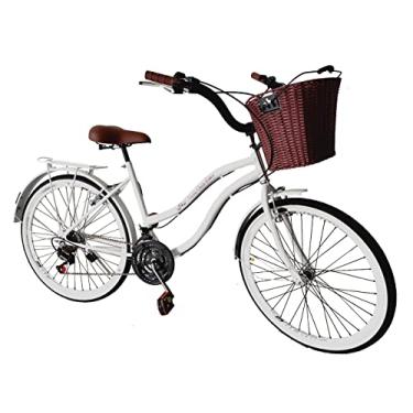 Imagem de Bicicleta aro 26 retrô 18 marchas com cesta bagageiro branco