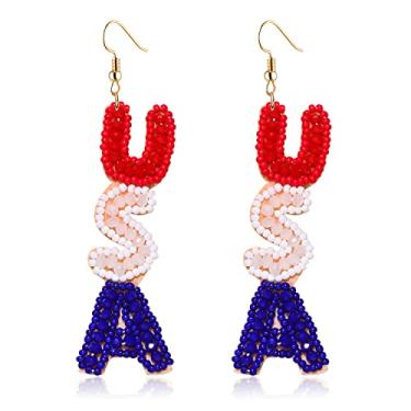 Imagem de Brincos com bandeira americana para mulheres e meninas artesanais com contas de 4 de julho patriótico, vermelho, branco, azul, bandeira dos EUA, brincos pendentes para o dia da independência, presentes de joias, Miçangas, Miçangas
