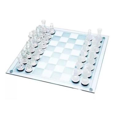 Jogo De Xadrez Tabuleiro De Vidro Luxo 32 Peças 25 X 25 Cm - R$ 149