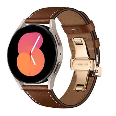 Imagem de Pulseira de couro para Samsung Galaxy Watch 5 Pulseira de 40 mm 44 mm/5 Pro 45 mm/Galaxy Watch 4 Band 40 mm 44 mm/4 Classic 42 mm 46 mm/3 41 mm/Active Active 2, pulseira de couro de 20 mm, fivela rosa, marrom
