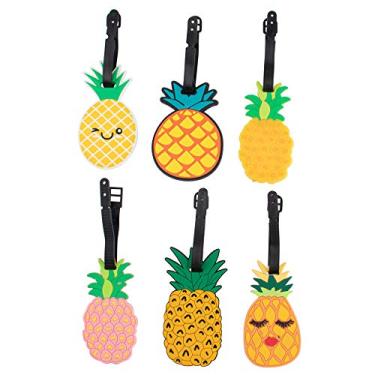 Imagem de Azure Zone, 6 peças etiquetas de bagagem de viagem etiquetas de identificação de frutas abacaxi etiquetas de bolsa exclusivas porta-cartões de identificação de silicone bonito com laço para mochilas malas de bagagem adultos