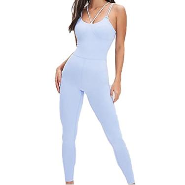 Imagem de Yajun Macacão de ioga levanta bumbum leggings com alças duplas sem costura macacão esportivo elástico macacão de poliéster para dança, azul, P (47 kg)