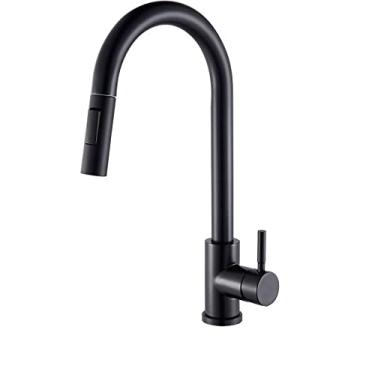 Imagem de Torneira de cozinha preta misturador de água quente e fria torneira de guindaste pulverizador de fluxo de rotação pia torneiras para cozinha pull-out, preto