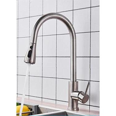 Imagem de Torneira de cozinha de níquel escovado com furo único, bico removível para pia de cozinha, torneira misturadora, cabeça de pulverização, torneira misturadora cromada/preta, níquel escovado A