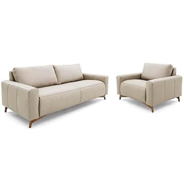 Imagem de Conjunto Sofá 3 Lugares e Poltrona Herval Oslo, Couro Bege Acinzentado