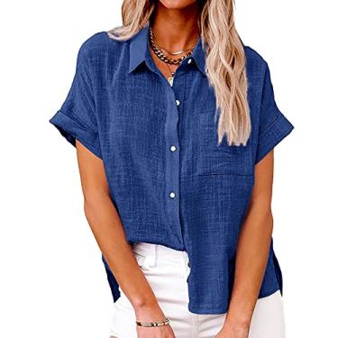 Imagem de Camiseta feminina cor sólida camisa de botão de linho manga curta casual manga enrolada camisas tops, C, 5GG (busto: 125 cm)