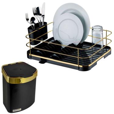Imagem de Kit Escorredor De Louças Lixeira 2,5L De Pia Cozinha Preto Dourado - Future
