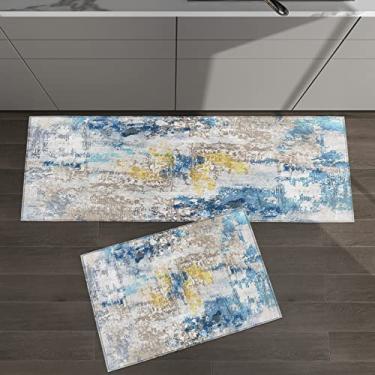 Imagem de Conjunto de 2 tapetes de cozinha abstrato azul marrom para tapetes acolchoados no chão tapetes antiderrapantes absorventes corredor confortável tapete de pé