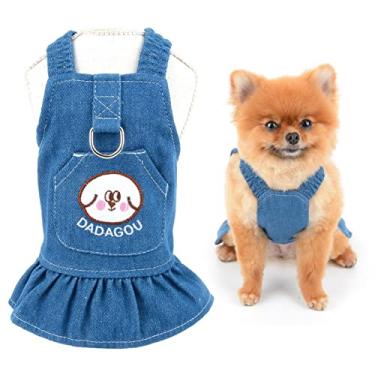 Imagem de SMALLLEE_LUCKY_STORE Vestido de arnês para cães, vestido geral de cachorrinho de bolso fofo para cães pequenos, médios, gatos, meninas, saia jeans ajustável para animais de estimação com anel em D,