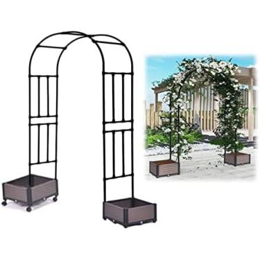 Imagem de Arco de metal preto com caramanchão de jardim de rosas com caixa de plantas 47 "59" 71 "79" 86,5 "94,5" Arco de casamento largo Treliça em arco para plantas trepadeiras ao ar livre, rosas, v