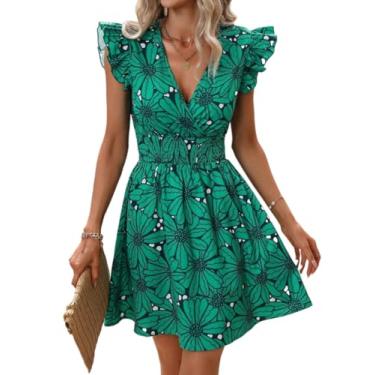 Imagem de Camisa Feminina Allover Floral Print Butterfly Sleeve Dress (Color : Green, Size : M)