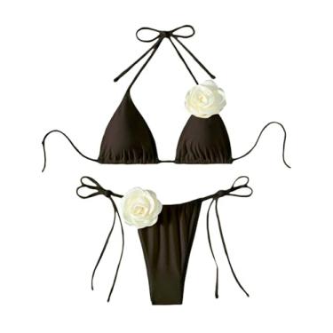 Imagem de Falainetee Conjunto de biquíni feminino com apliques florais, cintura alta, triângulo, amarrado, lateral, biquíni, Marrom escuro, G