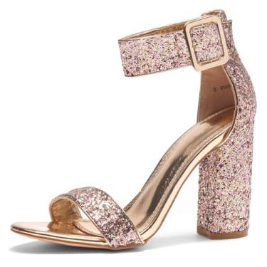 Imagem de Herstyle Rumors Sandálias femininas de salto alto, bico aberto, salto grosso, com tira no tornozelo – salto elegante para formatura, casamento, escritório e festa, Glitter dourado, 40