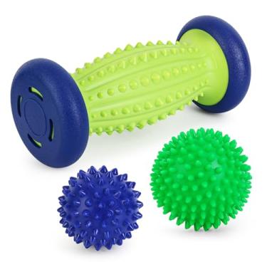 Imagem de Conjunto de esferas massageadoras de pé de massagem para pés e fascite plantar, 1 rolo de pé e 2 bolas de massagem espinhosas em tecido profundo, para terapia de ponto de gatilho por todo o corpo/recuperação muscular/alívio do estresse