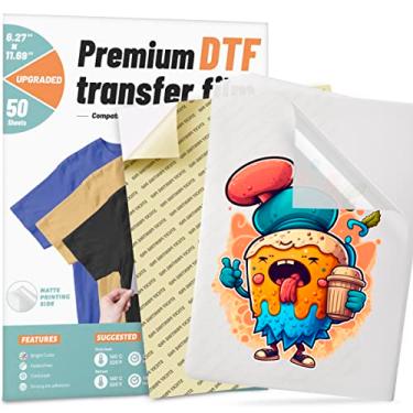 Imagem de Película de transferência DTF, 50 folhas de papel DTF de 21,6 cm x 28 cm com almofada de impressão inteligente para todas as impressoras de sublimação e DTF, filme DTF para corte de sublimação, filme