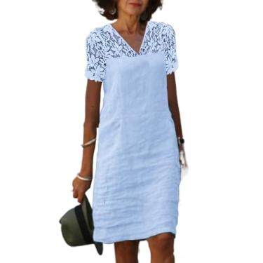 Imagem de Vestidos femininos 2024 renda patchwork decote em V sólido algodão linho vestido casual, Azul, M