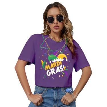 Imagem de Camiseta feminina Mardi Gras It's Mardi Gras Y'all with My Gnomies Flamingo com 3 peças de colar no pacote, Roxo 2, G