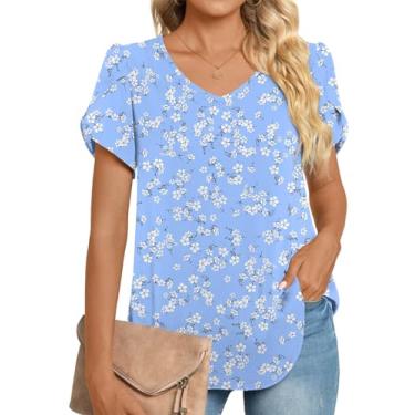 Imagem de HOTGIFT 2024 Blusa feminina de verão casual de chiffon túnicas com babados manga curta camiseta solta confortável, V/flor branca azul, 3G