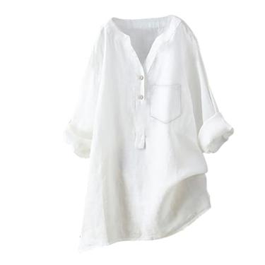 Imagem de Camiseta feminina de linho Henley Pocket Blusas Plus Size manga longa cor sólida verão túnica, Branco, XXG