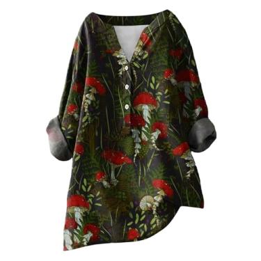 Imagem de Camiseta de linho para mulheres, gola V, botões, estampa floral, camiseta grande, manga comprida, roupas casuais, Verde, XXG