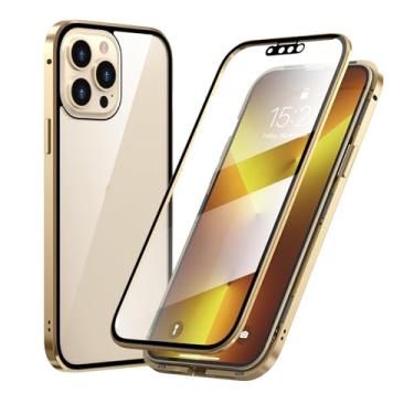 Imagem de HAO RIYLN Capa para iPhone 15 Pro Max/15 Pro/15 Plus/15.360 graus com proteção frente e verso, capa para celular com moldura de metal de vidro temperado, carregamento sem fio, dourado, 15 Plus de 6,7