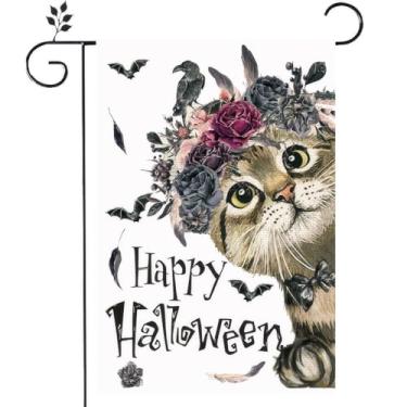 Imagem de RTKHFZE Bandeira de jardim de gato de Halloween 30 x 45 cm dupla face, bandeira de serapilheira de jardim dupla face, morcego, decorações de Halloween para decoração de quintal de casa