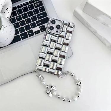 Imagem de Chapeamento cubo tecer padrão pulseira caso para iphone 14 15 13 12 pro max 14 15 plus 12 13 mini 11 capa fosca, prata, para iphone 15pro