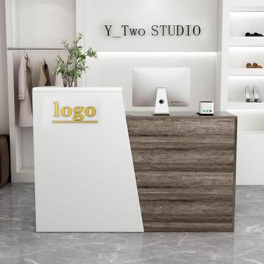 Imagem de Recepção da sala de recepção em forma de L, moderno pequeno balcão de check-out de varejo com gaveta e armário de armazenamento, estação de trabalho de computador para salão de beleza, escri