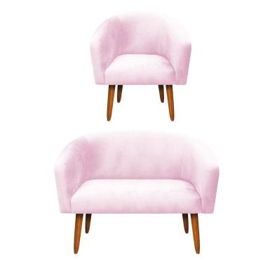 Imagem de Kit 01 Namoradeira e 01 Poltrona Suede Rosa Bebê Pés Palito