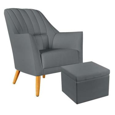 Imagem de Poltrona Decorativa Orion Bordada com Puff Quasar Sued Cinza Aradecor