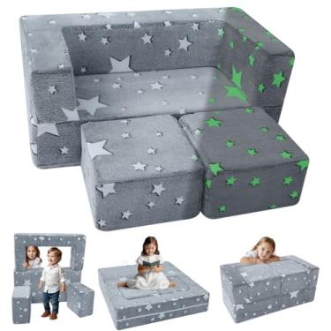 Imagem de Sofá infantil que brilha no escuro 3 em 1 dobrável para crianças, sofá modular infantil para meninos e meninas, conjunto de sofá conversível infantil e sofá-cama, sofá de espuma com 2 otomanos, cinza, estrela