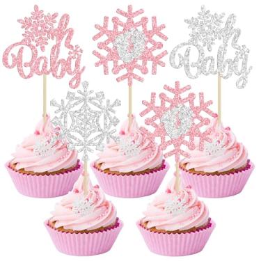 Imagem de Gyufise 24Pcs Snowflake Oh Baby Cupcake Toppers Glitter Winter Frozen Baby Shower Cupcake Picks for Winter Wonderland Gender Reveal Baby Shower Birthday Party Cake Decorations Supplies Pink
