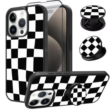 Imagem de SAKUULO Capa compatível com iPhone 15 Pro Max, [protetor de tela + suporte] Design fofo e estético xadrez xadrez, textura de pneu, antiderrapante, à prova de choque, ultrafina, 17 cm