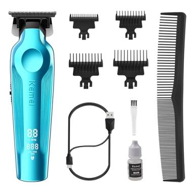Imagem de KEMEI Aparador de Cabelo Masculino, Sem Fio, Sem Lacunas, Aparador de Barba com Lâmina T, Barbeiro Recarregável com Tela LED, Azul