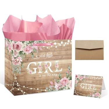 Imagem de Saco de papel grande de chá de bebê de 33 cm, bolsa de presente floral doce para bebê com papel de seda, alça e cartão comemorativo para chá de bebê Boho ou aniversário revelar lembrancinhas de festa