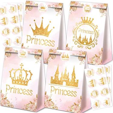 Imagem de 24 peças de sacolas de lembrancinhas de princesa para festa de aniversário de princesa, decorações de princesa, sacolas de presente de princesa para suprimentos de festa de princesa, dourado e rosa