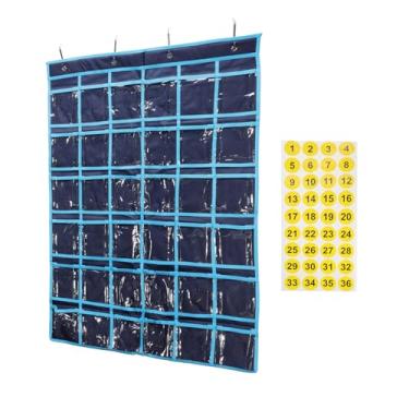 Imagem de HARFINGTON Tabela de bolso para sala de aula para celular, suporte de calculadora de telefone com 36 bolsos, organizador para pendurar na parede, azul escuro