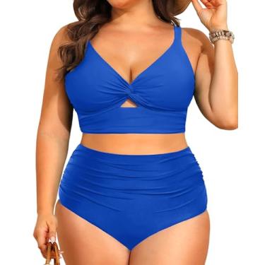 Imagem de Daci Maiôs de duas peças plus size - biquíni feminino de cintura alta, controle de barriga, roupa de banho com nó torcido 2025, Azul royal, 24 Plus Size