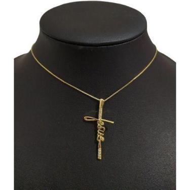 Imagem de Colar Cruz Crucifixo Jesus Zirconia Dourado F. Ouro 18k - De Castro jo