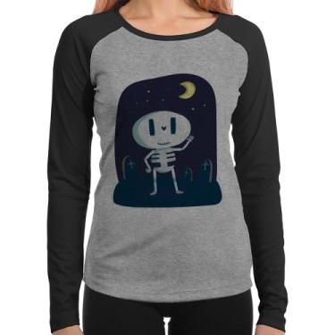 Imagem de Baby Look Raglan Esqueleto Manga Longa - Foca na Moda, Cinza, Preto, M