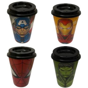 Imagem de Kit 4 Copos Para Cafe 320 Ml Tampa, Hulk, Capitão America - Utensilios