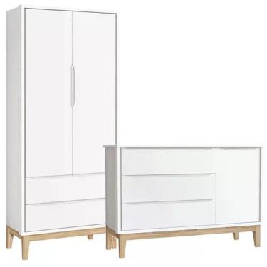 Imagem de Jogo De Quarto Classic Guarda Roupa 2 Portas E Cômoda Branco Fosco Com Pés Madeira Natural Reller Móveis Branco Fosco